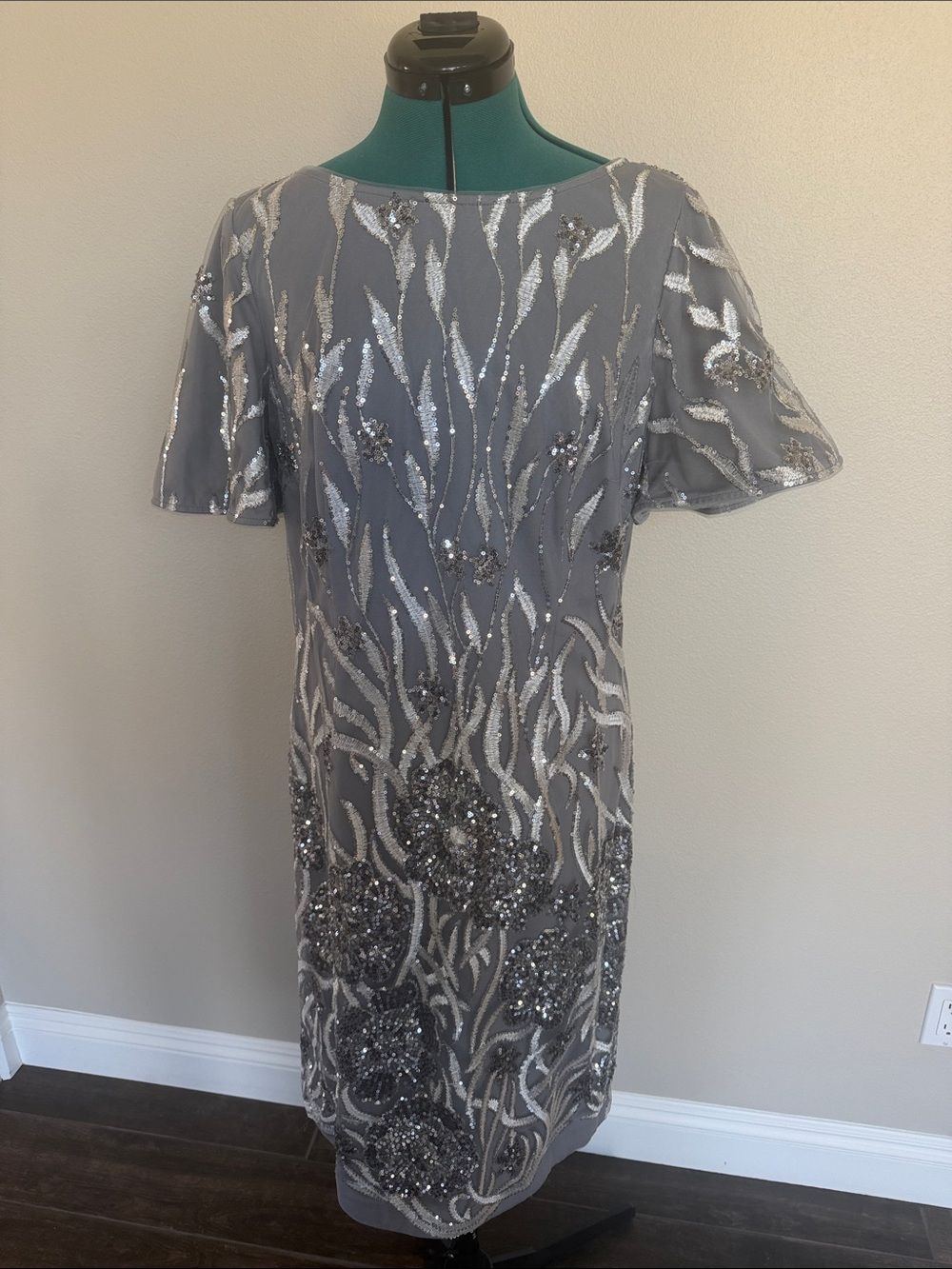 JS Collections Silver Gray Beaded Midi Dress